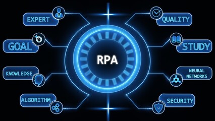 Obraz premium Robotic Process Automation RPA concept with glowing blue digital network and icons technology