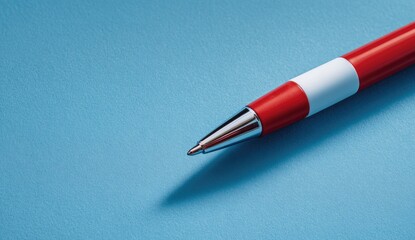 Close-up of a red pen with white stripes on a vibrant blue surface