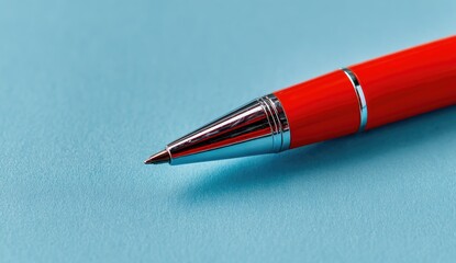 Close-up of a bright red pen on a light blue surface.  The pen's tip and a portion of the barrel are visible.  The tip is metallic