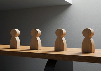 Four wooden figures stand on a wooden beam, symbolizing balance and equilibrium.