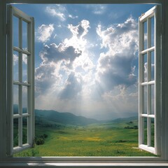 Open window, sunbeams pierce clouds, view of rolling hills and fields