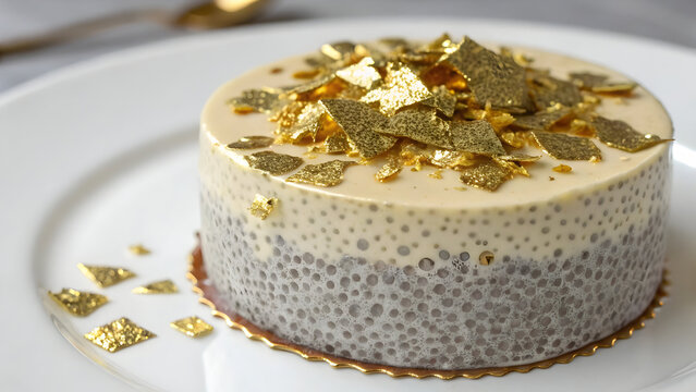 Close up of round chia seed pudding dessert with edible gold leaf flakes on full hd 4k stock image download white plate