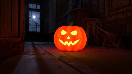 Obraz premium Eerie Halloween Jack-o'-lantern in a dark, abandoned Victorian mansion.