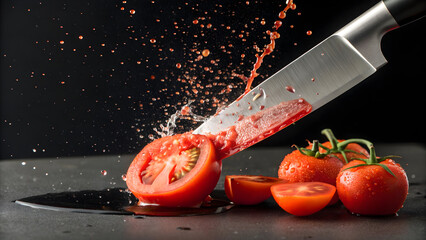 Chef knife slicing a ripe red tomato creating a juicy red splash against a dark full hd 4k stock image download background