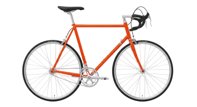 Isolated orange fixed gear bicycle, single speed for fitness, commute or recreation, cycling