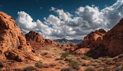 Desert canyon, sandstone formations, dramatic sky