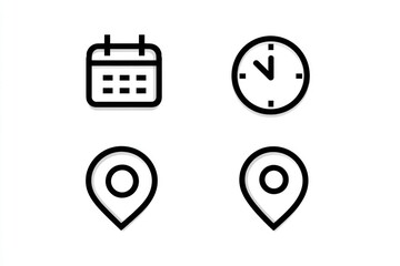 Four simple line icons calendar, clock, location markers