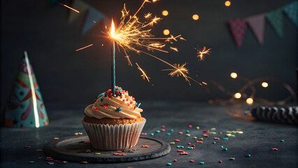 Cupcake with lit sparkler firework on top surrounded by confetti and party decorations full hd 4k stock image download