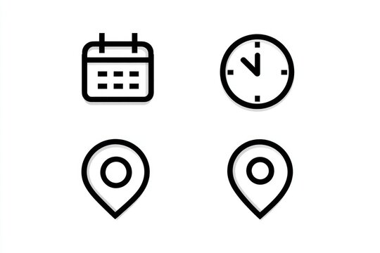 Four simple line icons calendar, clock, location markers