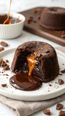 Chocolate lava cake with molten caramel center spilling onto full hd 4k stock image download white plate with crumbs