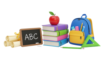 Isolated back to school supplies with backpack, apple, books, scrolls, and a chalkboard