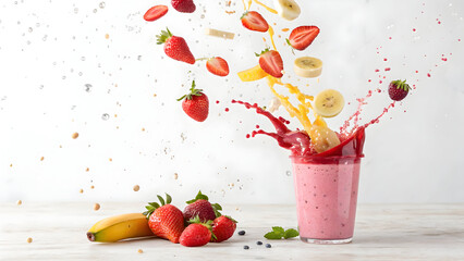 Pink strawberry banana smoothie splashing with flying fruit pieces and droplets full hd 4k stock image download
