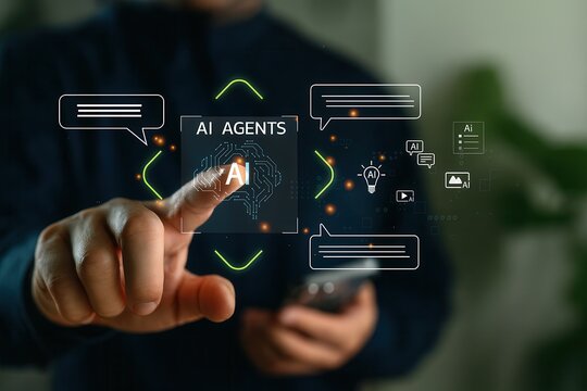 AI agents interaction,user hand pointing at holographic AI interface,artificial intelligence communication and automation technology for future digital solutions and innovation applications