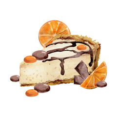 Zesty orange slices atop cheesecake, chocolate candy bonbons, syrup drizzle topping in watercolor. Isolated hand drawn illustration. Menu covers, cooking blogs, product packaging, seasonal posters.