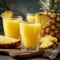 Fresh pineapple juice in glasses, surrounded by pineapple slices on a wooden board