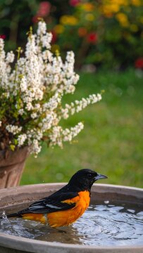 Bird bathing in a garden