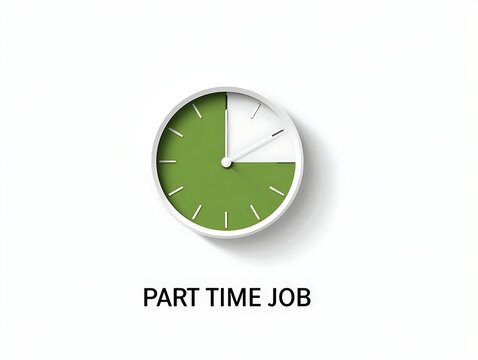 Realistic wall clock with green and white face and bold text part time job, symbolizing flexible working hours, reduced employment, and balance of professional and personal time