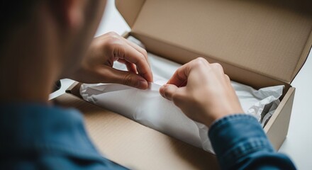 Fototapeta premium A tight, over-the-shoulder shot of a person unboxing a package. The focus is on their hands carefully pulling back tissue paper to reveal a product