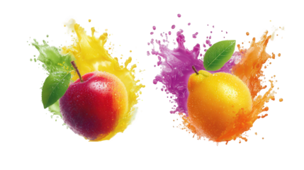 Red Apple and Yellow Pear with Juice Splash on Transparent Background