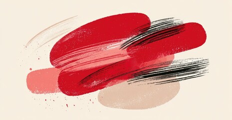 Abstract brushstrokes in shades of red, pink, and beige on a light background