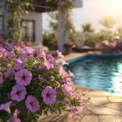 Fototapeta premium Close-up of pastel pink petunias near a pool. Sunny outdoor scene with a modern home