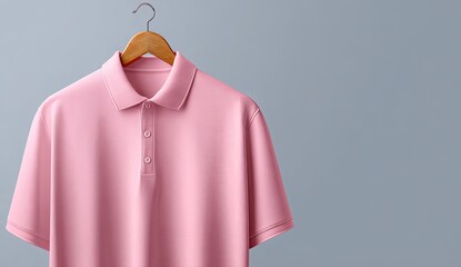 A light pink polo shirt hangs on a wooden hanger against a muted gray background