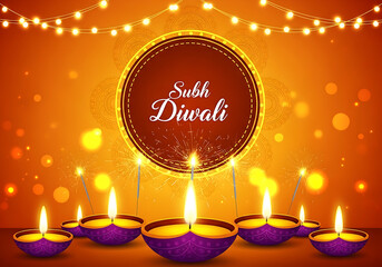 Diwali festival celebration with diyas and sparklers against orange background lights oil lamp