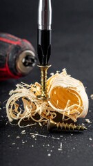 Close-up of screw and wood shavings