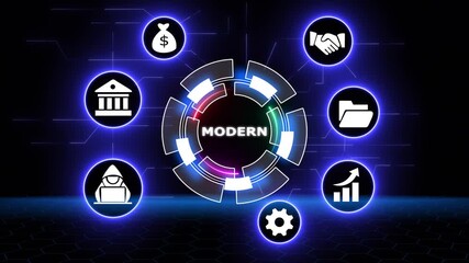 Modern financial technologies and icons on a futuristic digital interface background - Powered by Adobe