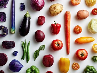 Colorful array of fresh vegetables arranged on a white surface.