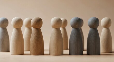 A diverse group of wooden figures representing community, society, and inclusion.