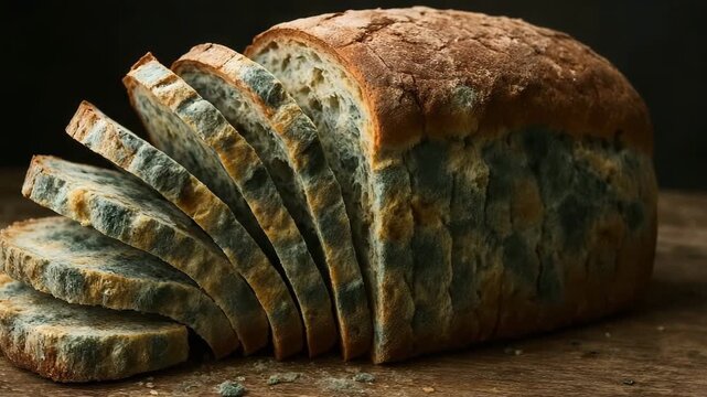 Sliced Moldy Bread on Wooden Table