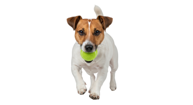 Isolated Jack Russell Terrier happily running toward camera with tennis ball in mouth indoors