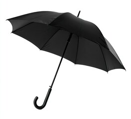A black umbrella, angled, against a white background