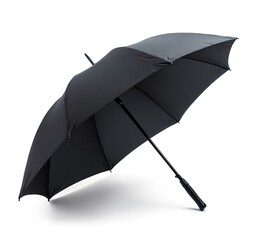 Black umbrella, open, angled slightly, against white background