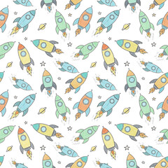 seamless pattern with rocket colored pencils style