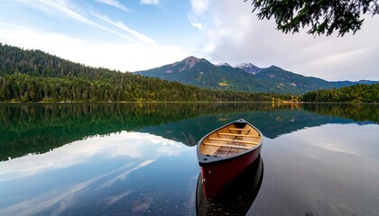Serene lake scene with canoe