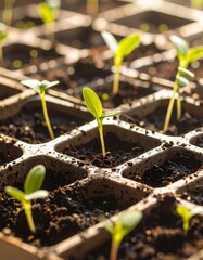 Close-up of seedlings in a seed tray
