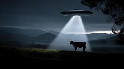 A Curious Cow Grazing in a Lush Green Field While a Mysterious U F O Hovers Above Creating an Intriguing and Surreal Scene of Nature and Extraterrestrial