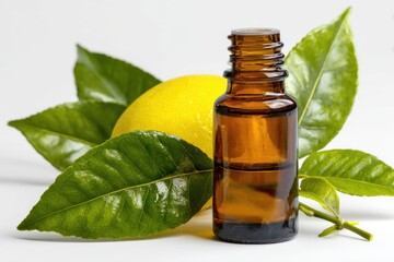 Lemon essential oil in a amber glass bottle, surrounded by fresh leaves and a lemon fruit