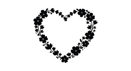 Floral heart outline composed of delicate black flowers on a white background