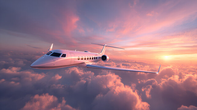 A private jet flying above the clouds during a vibrant sunset with pink and orange hues in the sky - Powered by Adobe