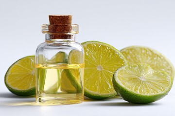 Small glass bottle of lime oil surrounded by lime slices