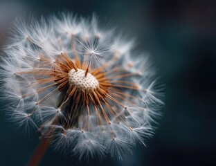 Obraz premium Close-up of a dandelion seed head. Soft white seeds radiate from a central brown disk. Dark background