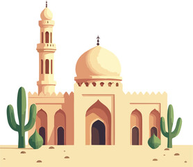 Desert Mosque Vector with Cactus, Golden Dome, and Minimal Blue Sky – Middle Eastern Islamic Architecture Illustration