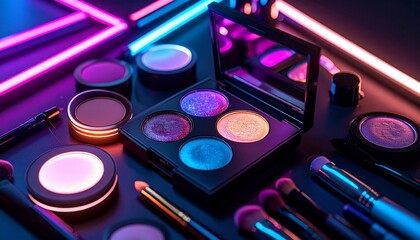 Neon beauty scene with eye shadows, brushes, and makeup products in vivid colors
