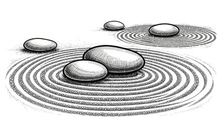 Naklejka premium Ink drawing of a Japanese rock garden, symbolizing harmony, mindfulness, and tranquility with stones and sand ripples