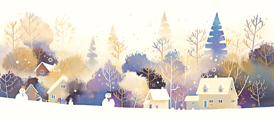 Winter landscape illustration featuring snow-covered houses, frosty trees, and cheerful snowmen, creating a serene and magical atmosphere of a snowy day in a quaint village