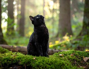 Black cat in a sunlit forest