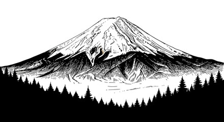 Majestic Mount Fuji in Black and White Landscape Illustration